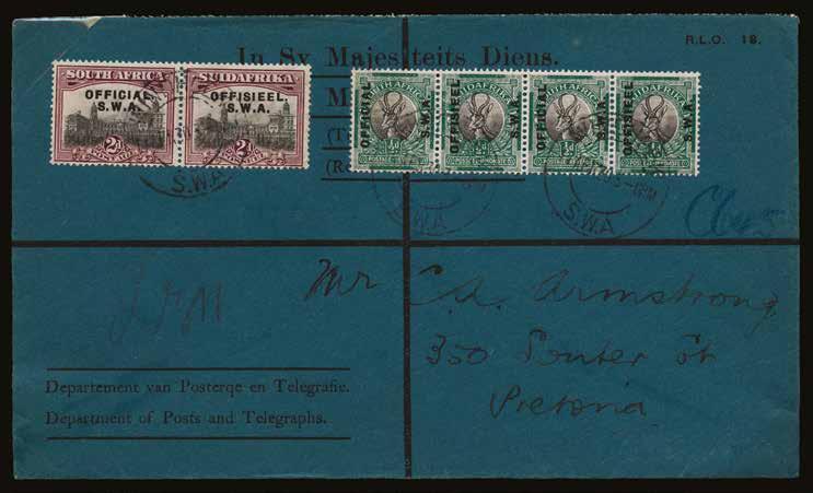 cover from Windhoek to Pretoria, franked by 1929 (Aug) Official ½d black and green horizontal strip of 4 and 2d grey and purple horizontal pair, tied by three fine strikes of WINDHOEK/S.W.A cds with m/s L311 registration number at left.