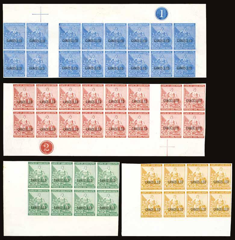 1872 (PROOF) SG 24a/31 Seated Hope set of 4, comprising 1864-77 type 4 4d blue and 1s deep green and 1871-76 type 6 1d carminered and 5s yellow-orange, plate proofs on thin glazed card with type D7