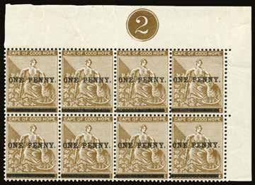 1884 (UNUSED) SG 50a 1884-90 2d (deep) bistre (intermediate shade), wmk cabled anchor, lower right corner block of 18 (6x3) with plate number 2 and marginal guide, o.g. (14 stamps unmounted).