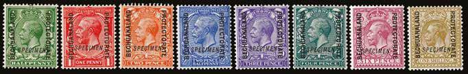 1913 (SPECIMEN) SG 73/82s 1913-24 original set of 8 to 1s (lacking later 1½d), wmk Simple Cypher, opt SPECIMEN (type GB23), very fine and fresh, unmounted o.g. A rare set, the ½d to 6d not distributed by the UPU, with less than a single pane (120 stamps) of each value released by the BPMA.