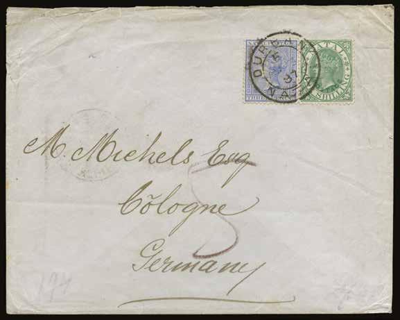 1887 (COVER) SG 59, 100 (AU 3) cover from Durban to Cologne, Germany, franked at 1s3d (double) rate by 1870 1s green, type 8 opt, and 1882-89 3d blue, wmk CA, tied by fine despatch cds, with rate