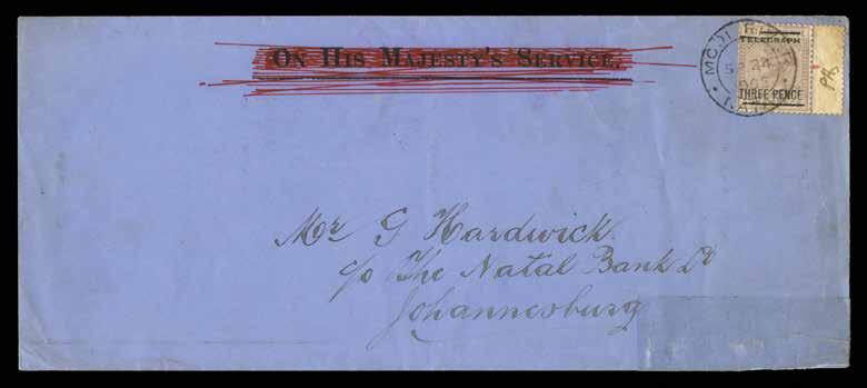 T12 (SP 24) blue O.H.M.S. (obliterated in red ink) cover from Mooi River to Johannesburg, franked by 1902 Telegraph 3d on 4d dull mauve, type 4 surch, interpane margin at right, tied by fine MOOI RIVER / NATAL cds.