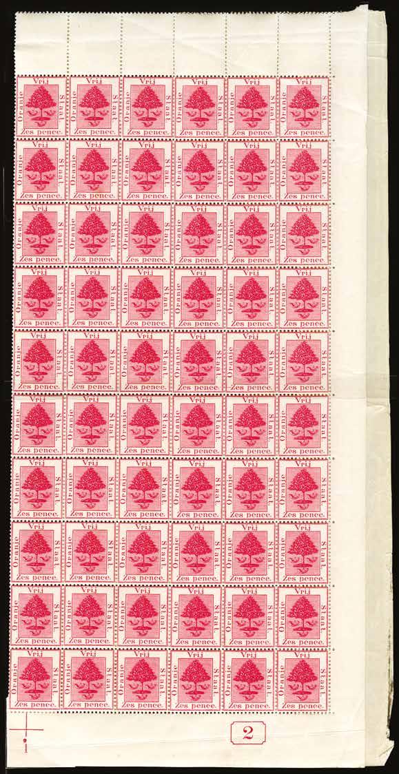 Orange Free State 1868 (UNUSED) SG 6 1868-94 6d bright carmine, folded lower half sheet of 120, comprising two panes 6x10 with horizontal gutter, unmounted o.g. Some creasing, marginal faults and separation, with minor gum adhesions, but overall fine condition with fresh colour, showing plate number 1 at lower left and current number 2 at lower right.