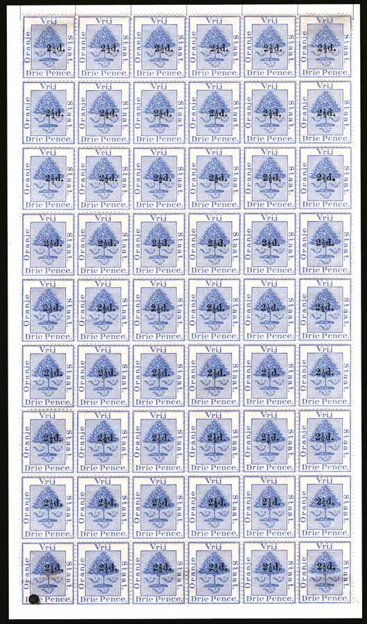1892 (UNUSED) SG 67 (Oct) 2½d on 3d ultramarine, type 8 surcharge, two large multiples which together have enabled the plating of most of the upper panes of the SECOND SETTING OF 240, comprising an