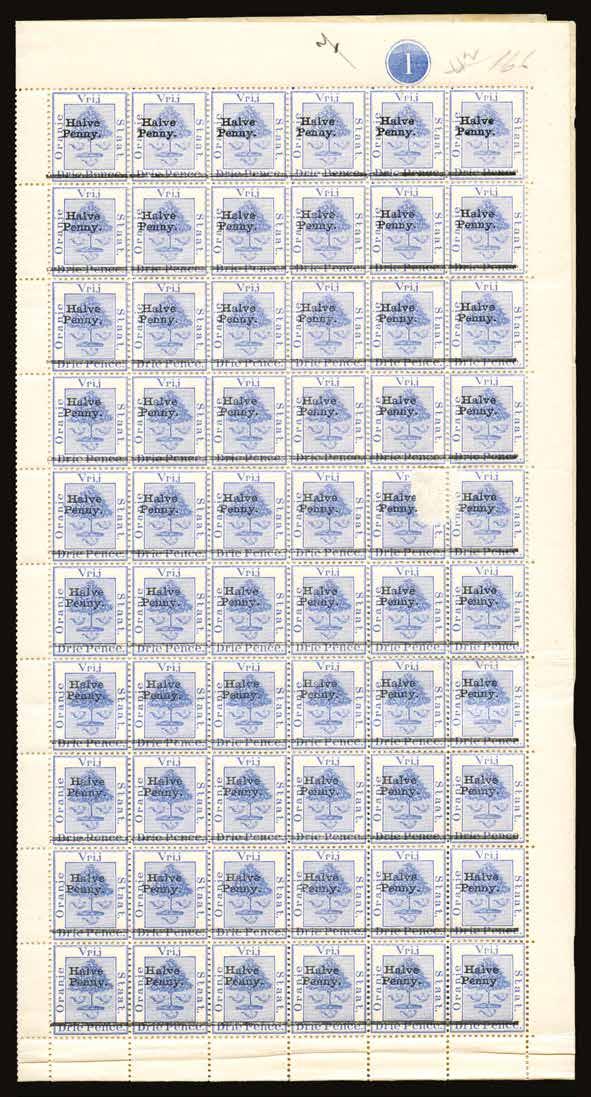 1896 (UNUSED) SG 77/9 Halve/Penny. on 3d ultramarine, type 10 surcharge, complete folded sheet of 240 (four panes, each 6x10), showing two impressions of the 12x10 setting, with error Peuny.