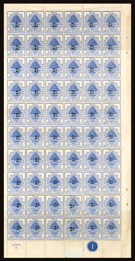 1897 (UNUSED) SG 83/a 2½ on 3d ultramarine, type 11 surcharge, nearly complete lower right pane of 60 (6x10) lacking one vertical pair (R9-10/4) but with plate number 1 and showing variety Roman I