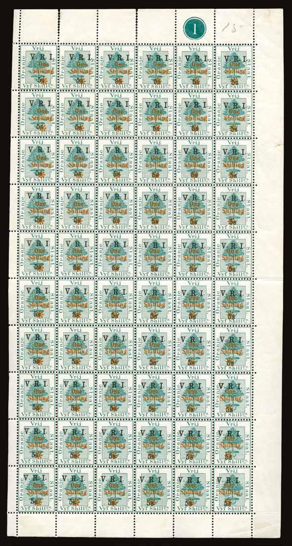 62 1902 (UNUSED) SG 138/a/b 1s on 5s green, type 37 surcharge on third V.R.I. setting (with type 33 Thick V on six stamps, pos.
