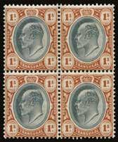 1900 (TELEGRAPH) SG T49, var 4 carmine, type T15 opt, right marginal vertical strip of 3 from R3-5/6 of the setting, the centre stamp showing constant variety Large