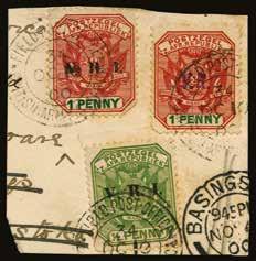 Llewellyn M.P. in England, franked by 1900 (22 June) 1d, 2d and 2½d, type R1 handstamp in violet, exceptionally tied by individual strikes of ZEERUST cds (with Z. A. removed), dated 29 JUN 00.