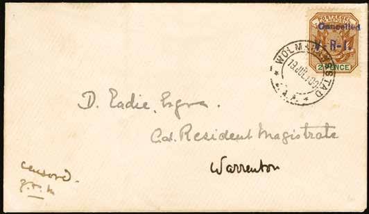 1900 (UNUSED) SG 4 (24 June) 2½d blue and green, type L3 Cancelled/V.R.I. H/S in RED, affixed to pre-stamped envelope ( LEASK imprint on flap), locally addressed to R. W. Thornton Esq. (previously Z.