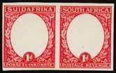 1929 (PROOF) SG 43var 1d Ship black and carmine, SUIDAFRIKA one word, imperforate Darmstadt trial printing of frame only in carmine on ungummed and unwatermarked coated paper, horizontal pair.