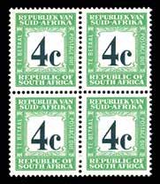 P189006438 375 1967 (POSTAGE DUE) SG D62c 1967-71 4c deep myrtle-green and emerald, wmk w127 (upright), Afrikaans at top (type D6), block of 4, unmounted o.g. A rare multiple.