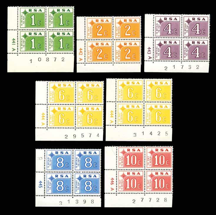 98 1972 (UNUSED) SG D75/80 Set of 6 to 10c, and additional 6c on phosphorised paper, matching lower left corner A cylinder blocks