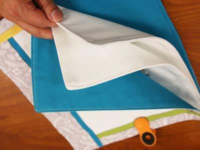 Pin in place and sew a 1/2" seam along the top, bottom, and right sides only; leave the left side open for turning.