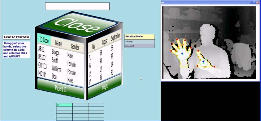 (b) (c) (d) Figure 3: Interaction sequence for the task in 3D gestures case (ideal scenario): a) First step: in selection mode, click on ID code b) Second step: in rotation mode, rotate the cube