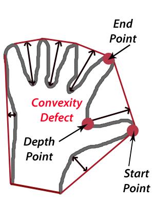 which correspond to the start and end points of the convexity (that corresponds to the area where the shape of the hand has gaps, allowing the separation between fingers, identifying them