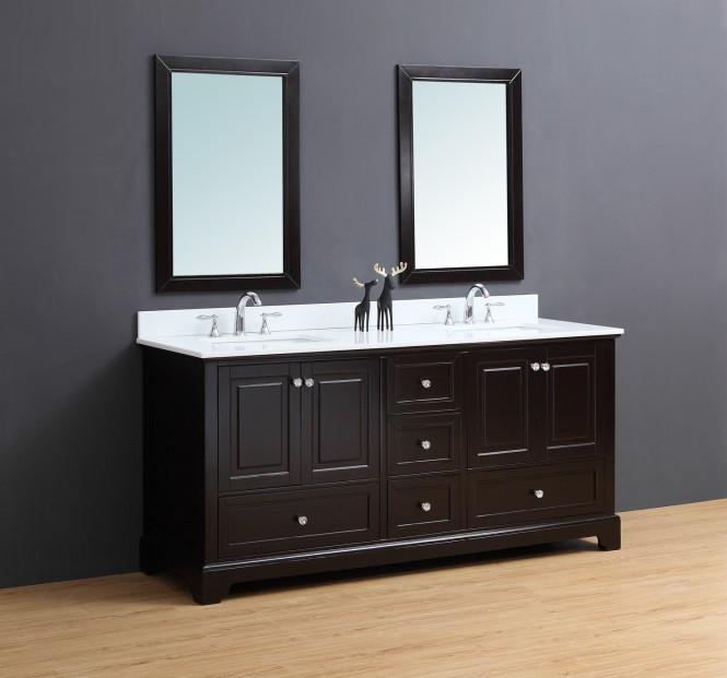 The solid wood vanities are adorned with beautifully crafted raised panel doors and drawers, a classical corbel