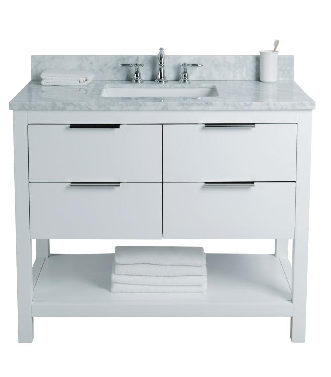 Crafted with premium solid wood, beautiful soft pull out drawers, and polished chrome hardware, the vanity is true to modern minimalist design.