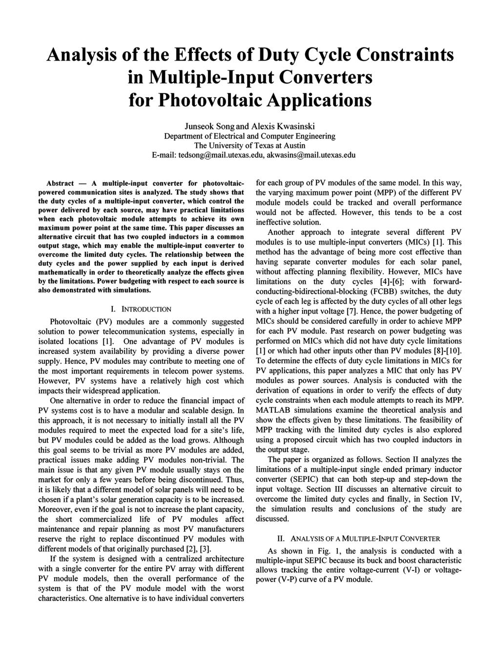 Analysis ofhe Effecs ofduy Cycle Consrains in Muliple-Inpu Converers for Phoovolaic Applicaions Junseok Song and Alexis Kwasinski Deparmen ofelecrical and Compuer Engineering The Universiy oftexas a