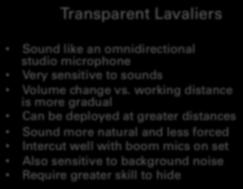 2 TRANSPARENT VS. PROXIMITY LAVALIER MICS Transparent Lavaliers Sound like an omnidirectional studio microphone Very sensitive to sounds Volume change vs.