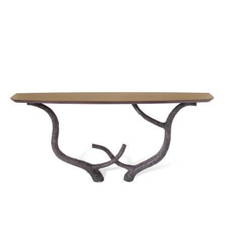 FOREST CONSOLE TABLE HEIGHT 870mm 34 1 /4 WIDTH 1800mm 70 3 /4 DEPTH 305mm 12 Blackened Wood with Faux Bronze top Cast composite and steel with decorative finish and lacquered top NET WEIGHT 37.
