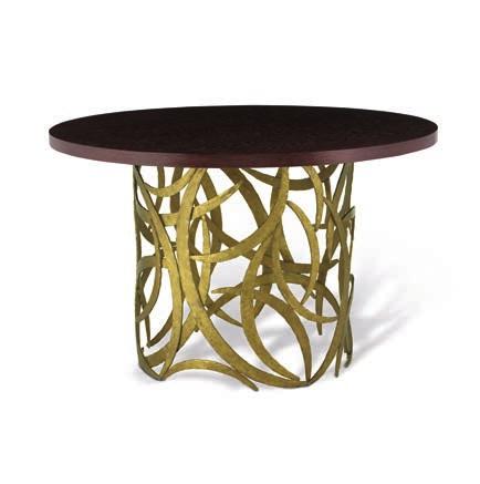 1 CRT04S SMALL MIRO CENTRE TABLE HEIGHT 750mm 29 1 /2 DIAMETER 1000mm 39 1 /4 1 Burnt Silver/2 French Brass with Dark Fumed Oak top Forged steel with decorative finish and oak veneer top NET WEIGHT