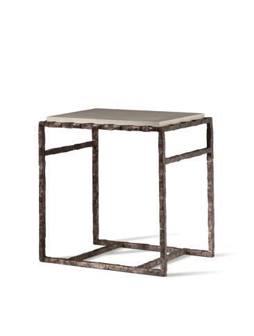 1 3 CST01 GIACOMETTI SIDE TABLE HEIGHT 555mm 21 3 /4 WIDTH 555mm 21 3 /4 DEPTH 400mm 15 3 /4 1 Bronzed/2 Burnt Silver/3 Versailles Gold with Faux Limestone top Forged steel with decorative finish and