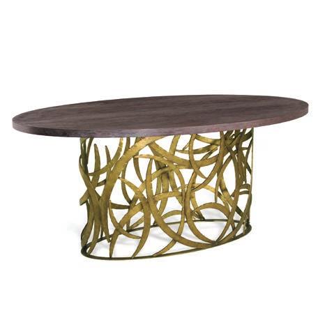 1 CCT43 ELLIPTICAL MIRO DINING TABLE HEIGHT 765mm 30 WIDTH 1800mm 70 3 /4 DEPTH 1200mm 47 1 /4 1 Burnt Silver/2 French Brass with Limed Oak top Forged steel with decorative finish and oak veneer top