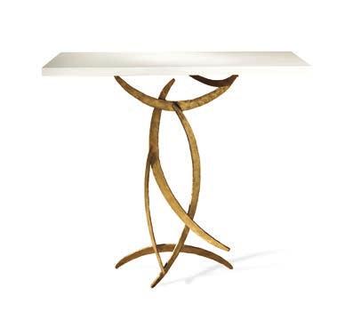 1 CCT28 MIRO CONSOLE TABLE HEIGHT 850mm 33 1 /2 WIDTH 880mm 34 3 /4 DEPTH 305mm 12 1 Burnt Silver/2 French Brass with Dark Fumed Oak or Faux Limestone top Forged steel with decorative finish and
