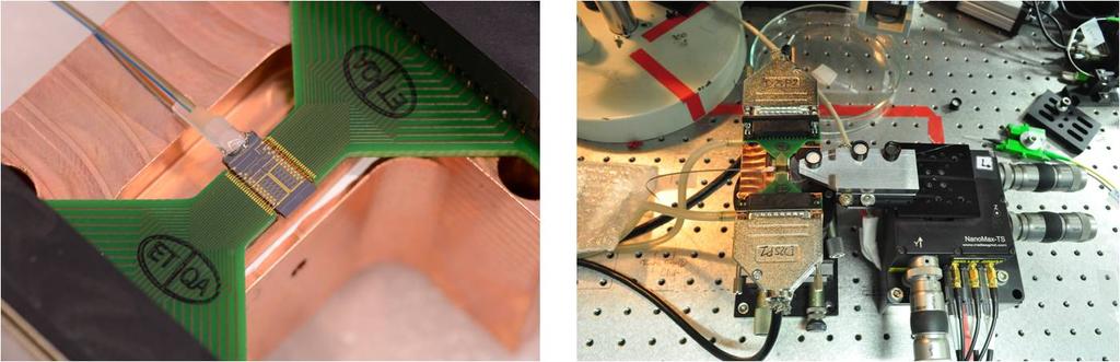 Chapter 8 Fig.8.6. A snapshot of the TriPleX device mounted on the copper block and wire bonded to the PCBs (left) with the input fiber pigtail and A picture of the measurement setup (right).