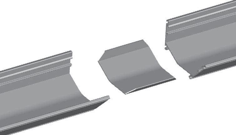 After the two sections are connected and seated in place, locate the gutter mounting bolts and slide these into the channel that runs along the outside of each gutter section.