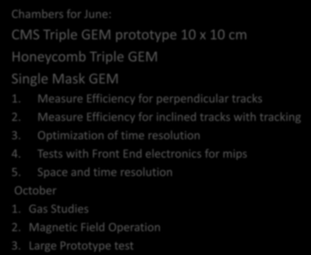 Chambers for June: CMS Triple GEM prototype 10 x 10 cm Honeycomb Triple GEM Single Mask GEM 1.