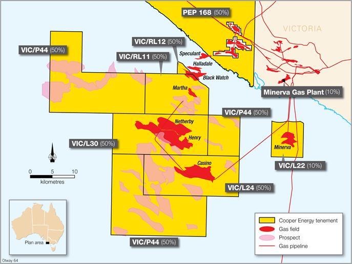 Operations review Otway Basin Offshore The company s offshore interests in the Otway Basin (Victoria) include: Otway Basin, offshore a) a 50% interest in, and Operatorship of, the producing Casino