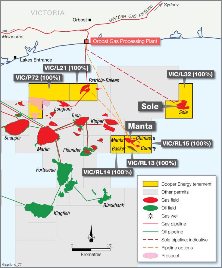 Gippsland Basin Cooper Energy s interests in the Gippsland Basin include: a) a 100% interest in, and Operatorship of, production licence VIC/L32, which holds the Sole gas field that is currently