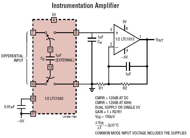 Switched Capacitor Instrumentation Amplifier TC1043 IC Good CMRR A.