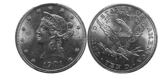 Double Eagles 199P. $5.00, 1908. PCGS MS63. Excellent luster and originality. 200. $5.00, 1913. Choice EF-AU. Eagles 205P. $20.00, 1904.