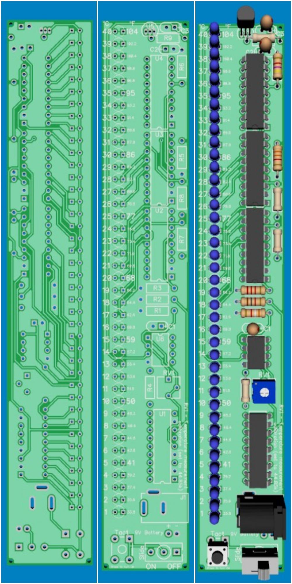 Step 2 - PCB 3D model Two layer PCB with components on top and copper on bottom and top layer. PCB dimensions are 1.063" x 6.6929". There are small mounting holes at the edges of the PCB.