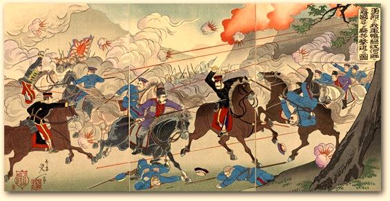 Picture of Our Valorous Military Repulsing the Russian Cossack Cavalry on the Bank of the Yalu River by Watanabe Nobukazu, March 1904 [2000.