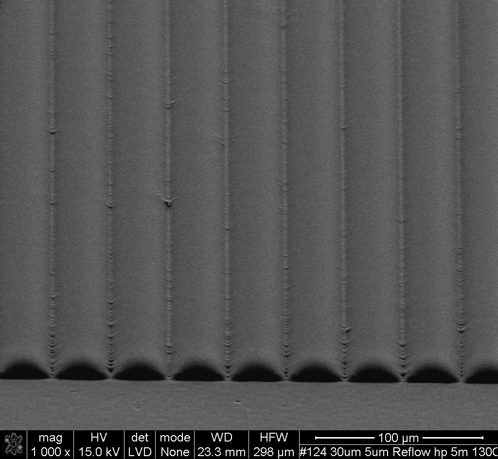 (b) Figure 7. SEM images (a) of a single element and (b) an overview of the array. These photographs were taken from an array of microlenses after doing the thermal reflow.