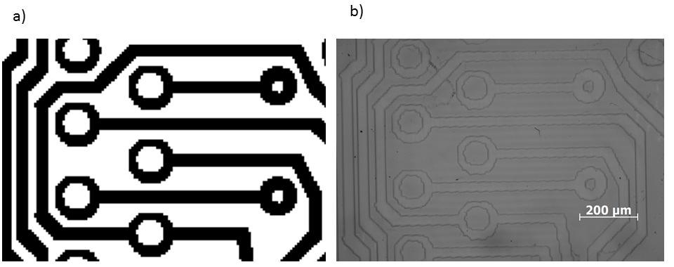Figure 8. (a) Original image and (b) fabricated PCB pattern.