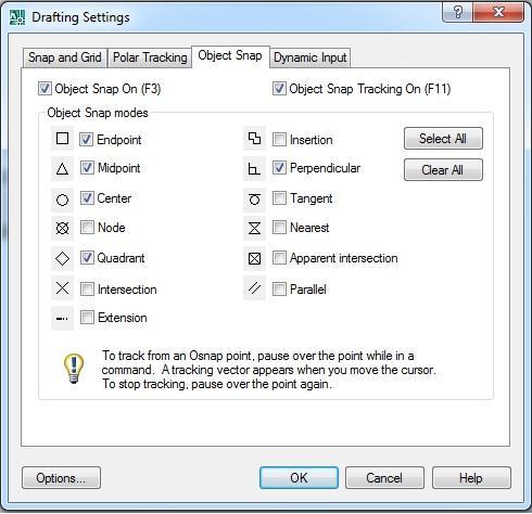 Figure 2.11: Available snap options. 3. DYN (Dynamic Input) Click on DYN button on Status bar or Press F12 Shows command line with cursor during execution of any command 4.