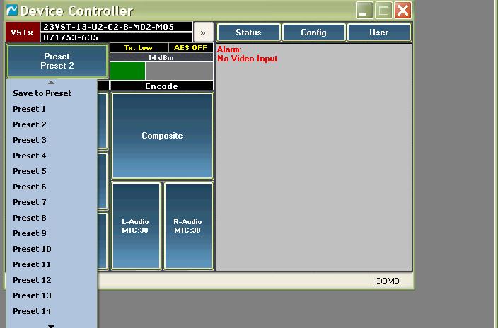 3.7 Transmitter User Interface controls 3.7.1 Preset Control Pressing the preset control will produce a simple drop down menu as shown below.