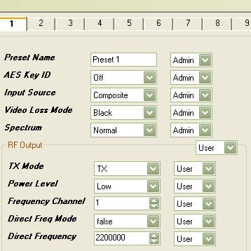 Figure 5-4: Transmitter Preset and RF Output Settings Field Setting Range Preset Preset Name Text Information AES Key On/Off Input Source Composite, Bars, or ASI Video Loss Mode Black, Bars, or