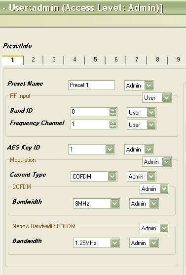 Figure 5-10: Receiver Preset Info, RF Input, Decryption and Modulation Settings Field Setting Range Preset Info Preset Name Name of preset in 16 characters RF Input Band ID 0 to 1 FreqPreset 1 to