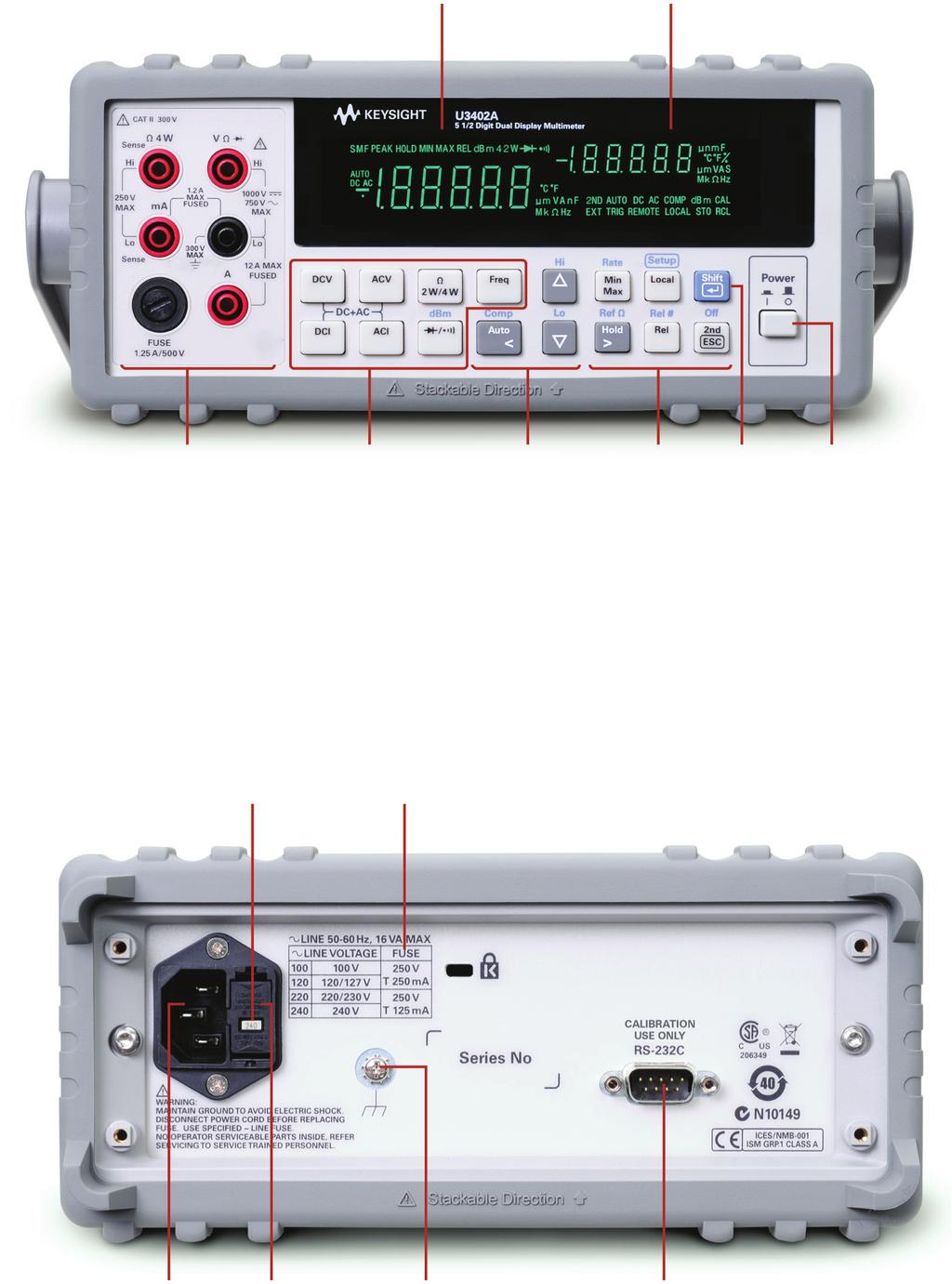 03 Keysight U3400 Series 4½ and 5½ Digit Digital Multimeters - Data Sheet Take a Closer Look Primary display Secondary display Input terminals and current fuse Measurement function keypads