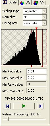 A ImageQuest Reference ImageQuest Tabs ImageQuest Tabs Scale Tab Scale Tab 2D View Tab 3D View Tab Use the Scale tab to view an intensity histogram, where the X-axis is Intensity (in Linear or