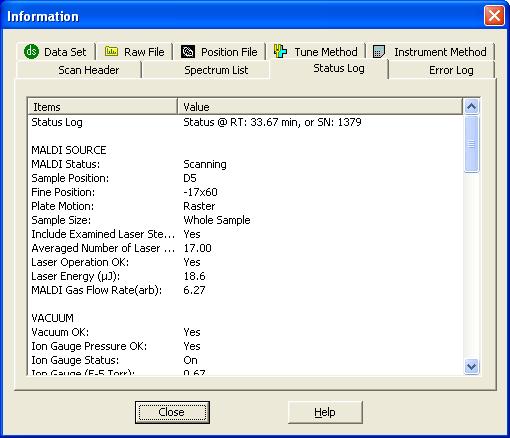 A ImageQuest Reference Dialog Boxes Status Log View Use the Status Log view to review status during acquisition.