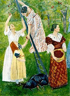 The three panels represent the advancement of women throughout history. The left side shows Women Pursuing Fame.