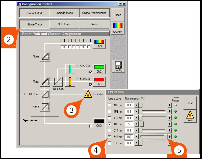 Beam Path Configuration The Configuration Control dialog is where we configure our beam path for collecting fluorescence signal. It consists of two modes, Channel Mode and Lambda Mode.