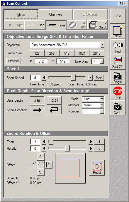 Acquisition Setup The Scan dialog contains 2 areas, Mode and Channels, which are selected from the top of the dialog.